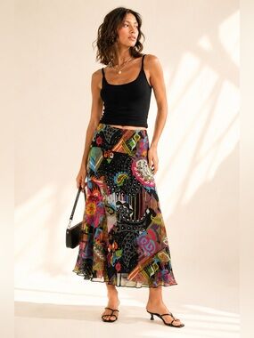 Y2K Chacok Mesh Overlay Maxi Skirt Avant Garde Art Print Size M